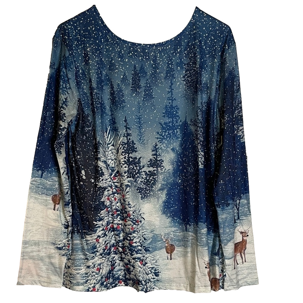 Winter Forest Long Sleeve Tee, Women’s Size L, Blue White